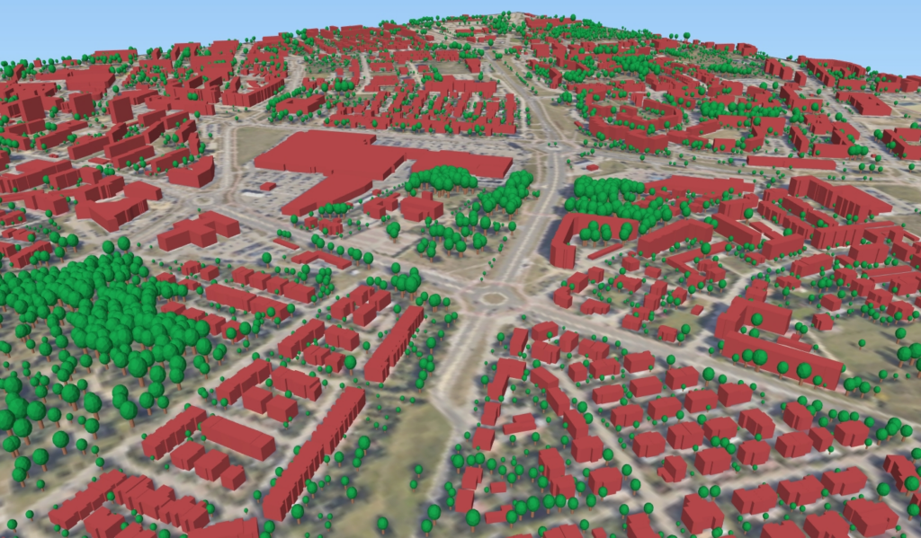 Rys.1 Modele 3D budynków z 2024 roku w oprogramowaniu QGiS