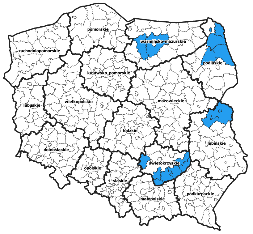 Rys. 1 Ilustracja przedstawia powiaty, dla których podpisane zostały umowy na aktualizację zbiorów danych BDOT10k.