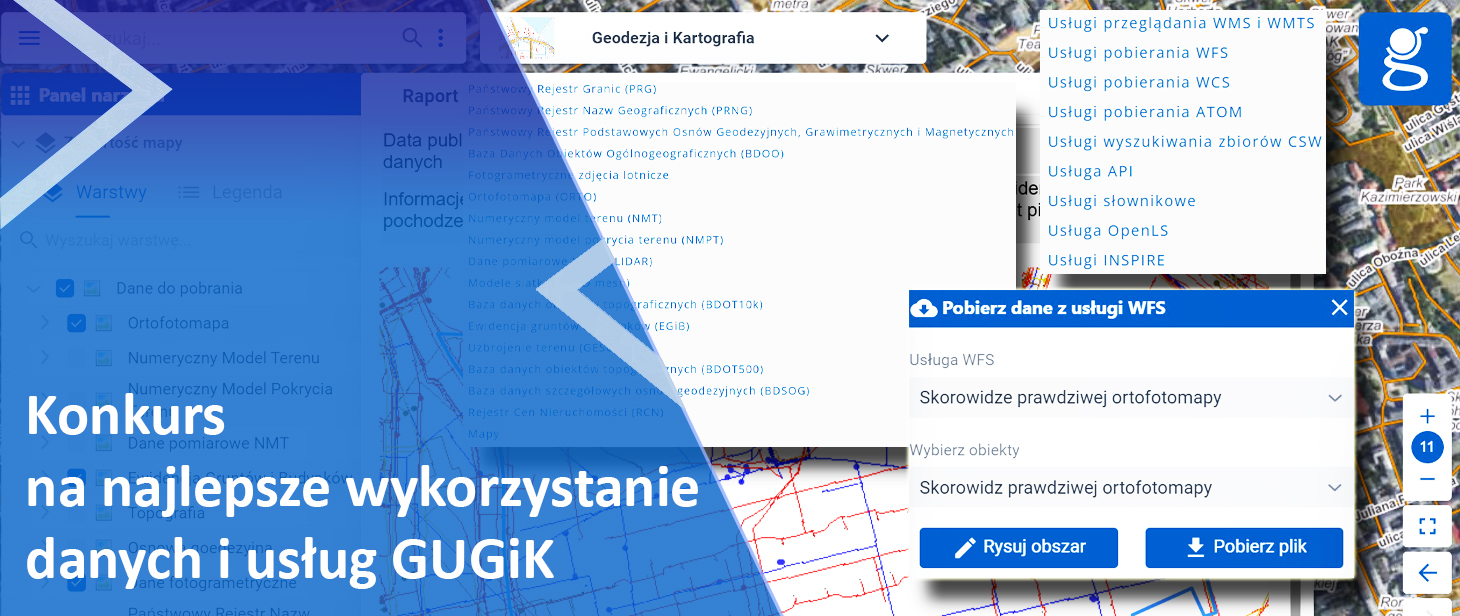 Baner z napisem z lewej strony na niebieskim tle białą czcionką "Konkurs na najlepsze wykorzystanie danych i usług GUGiK", a z prawej kompilacją zrzutów ekranu związanych z usługami udostępnianymi przez GUGiK