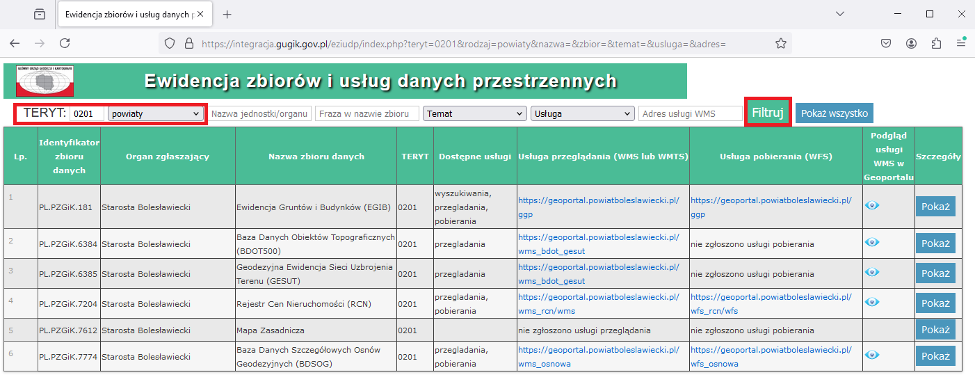 Ewidencja Zbiorów i Usług Danych Przestrzennych dostępna z poziomu Geoportalu w postaci usługi WMS