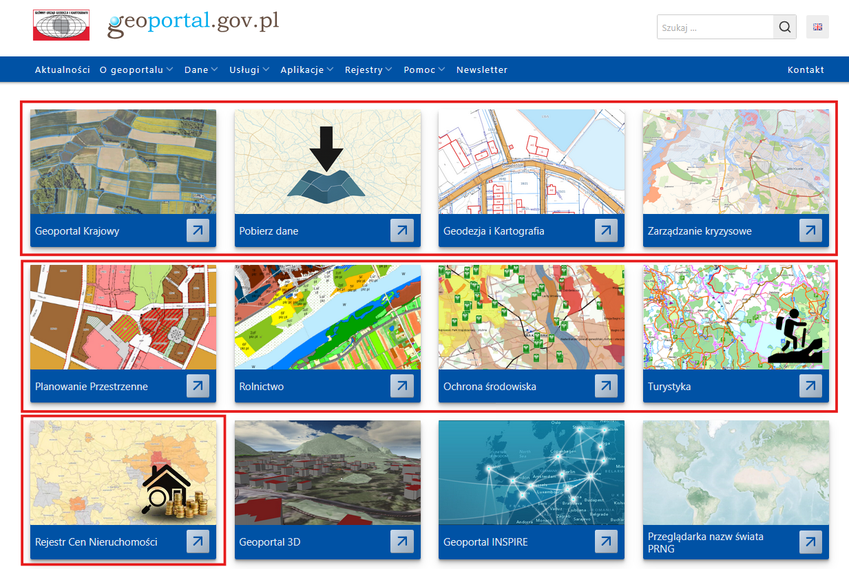 Ilustracja przedstawia stronę główną www.geoportal.gov.pl z zaznaczonymi modułami, w których jest dostępna nowa usługa