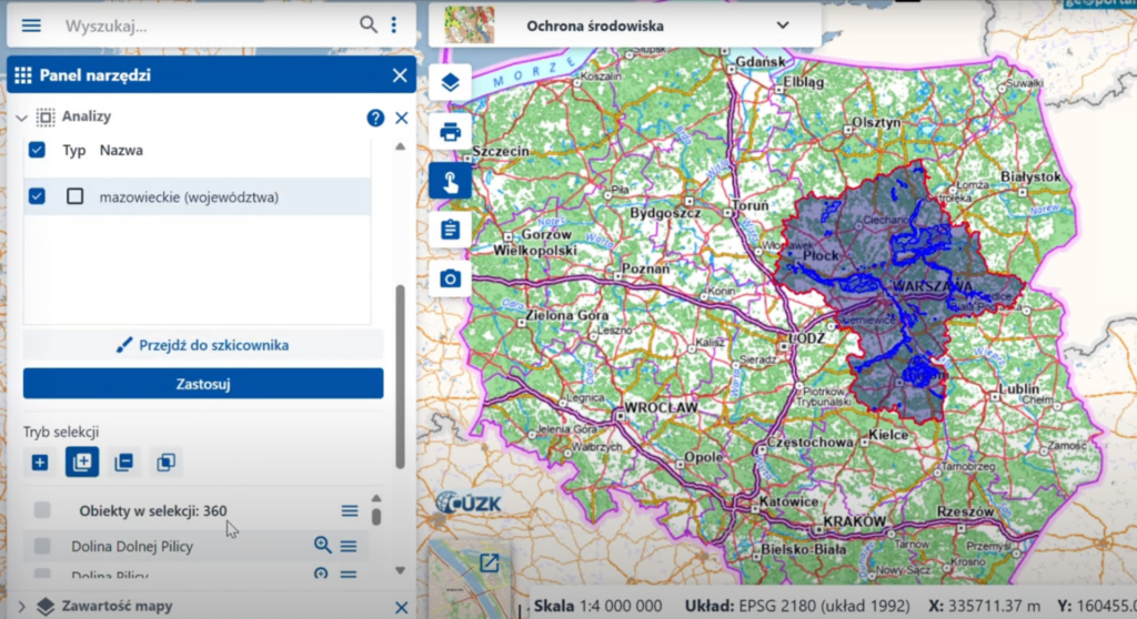 2 - zrzut ekranu przedstawiający narzędzie "Analiza BDOT10k" w serwisie www.geoportal.gov.pl