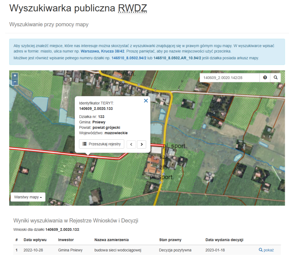 3 - zrzut ekranu z Wyszukiwarki publicznej RWDZ ze strony https://wyszukiwarka.gunb.gov.pl/mapa/