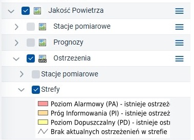 zrzut ekranu z serwisu www.geoportal.gov.pl prezentujący warstwę jakość powietrza - ostrzeżenia dotyczące jakości powietrza – dla stref na podstawie danych GIOŚ