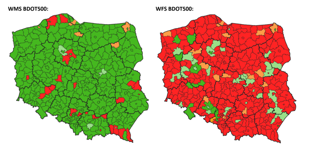 mapy prezentujące stan zgłoszonych usług WMS i WFS BDOT500