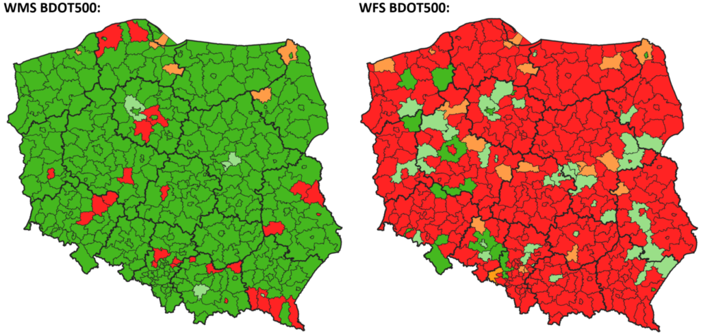 mapy prezentujące stan zgłoszonych usług WMS i WFS BDOT500