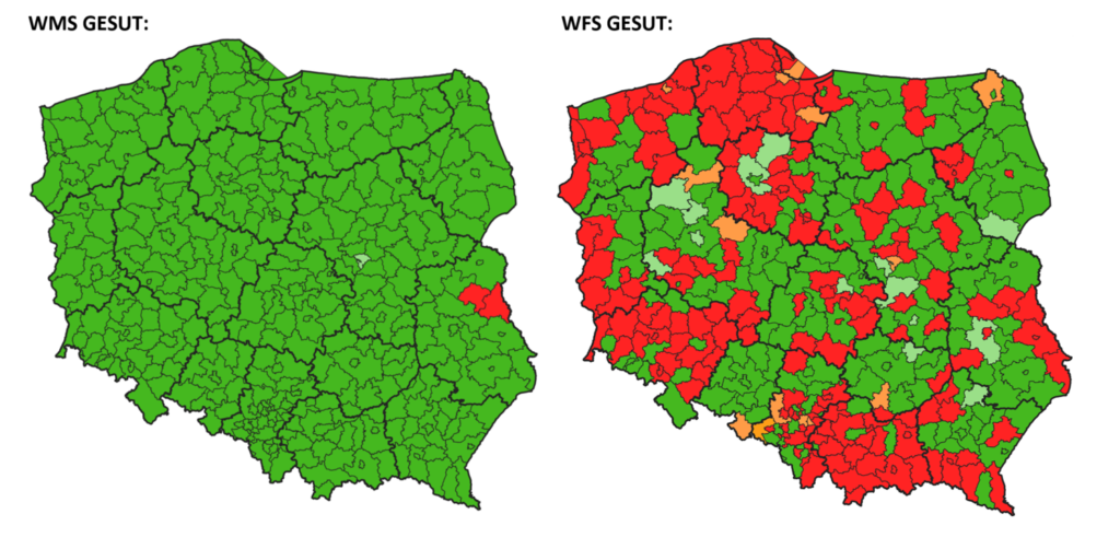 mapy prezentujące stan zgłoszonych usług WMS i WFS GESUT