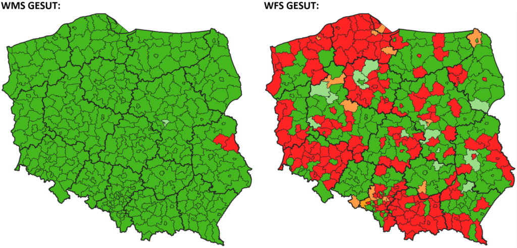 mapy prezentujące stan zgłoszonych usług WMS i WFS GESUT
