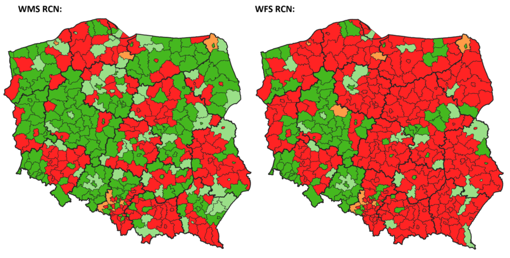 mapy prezentujące stan zgłoszonych usług WMS i WFS RCN
