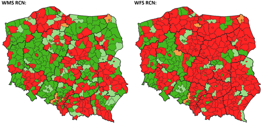 mapy prezentujące stan zgłoszonych usług WMS i WFS RCN