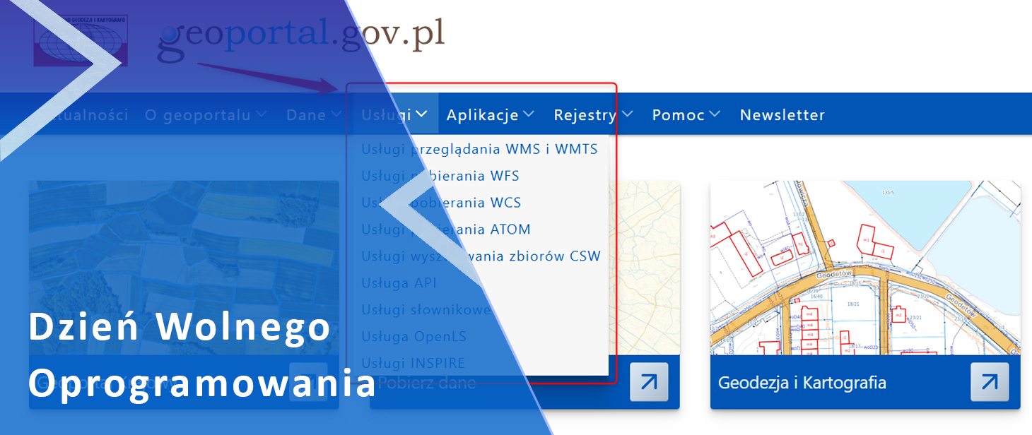 Widok strony www.geoportal.gov.pl oraz wskazana zakładka "Usługi".