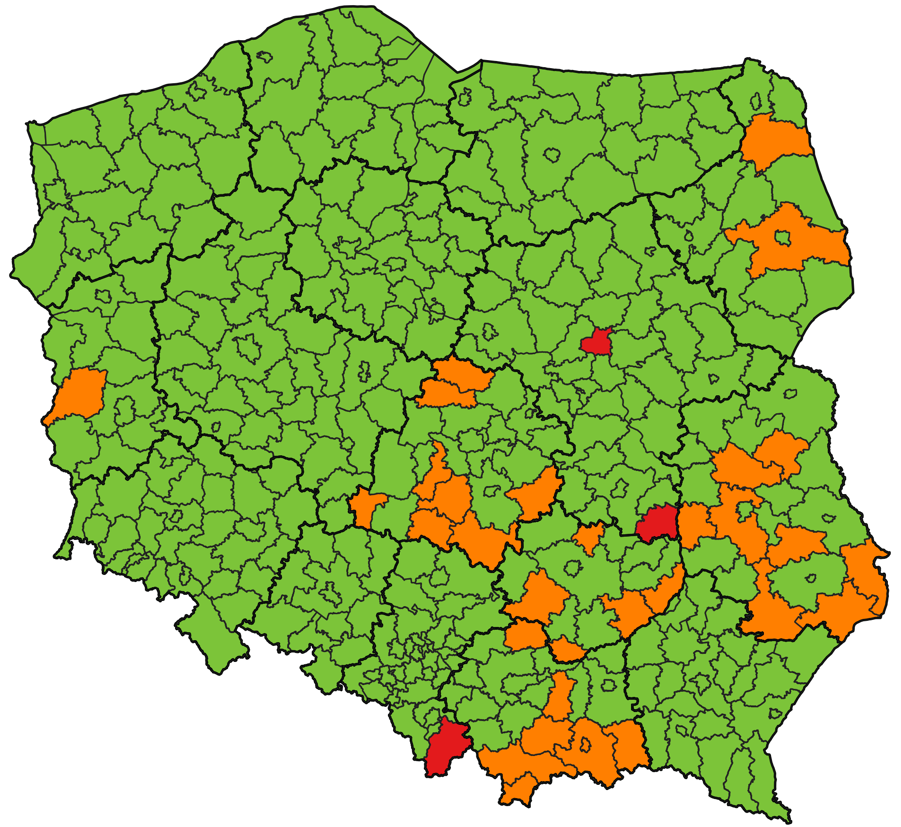 mapa przedstawiająca informacje udostępniane za pomocą usług sieciowych WMS i WFS (z operatu ewidencyjnego - kolor zielony, wyjaśnienia WINGIK - kolor pomarańczowy, kolor czerwony dane z innego źródła).
