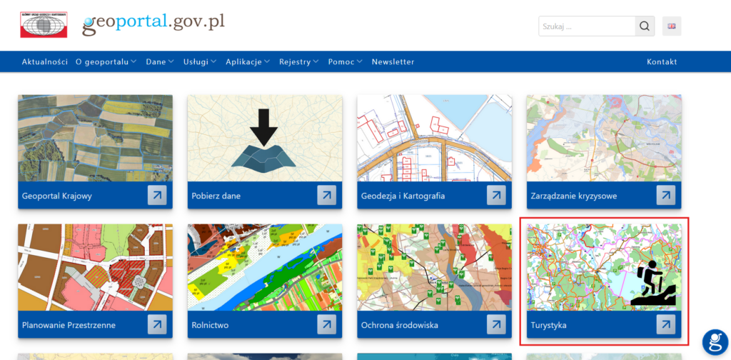Ilustracja przedstawia stronę główną www.geoportal.gov.pl z zaznaczonym modułem "Turystyka", w którym jest dostępna nowa usługa