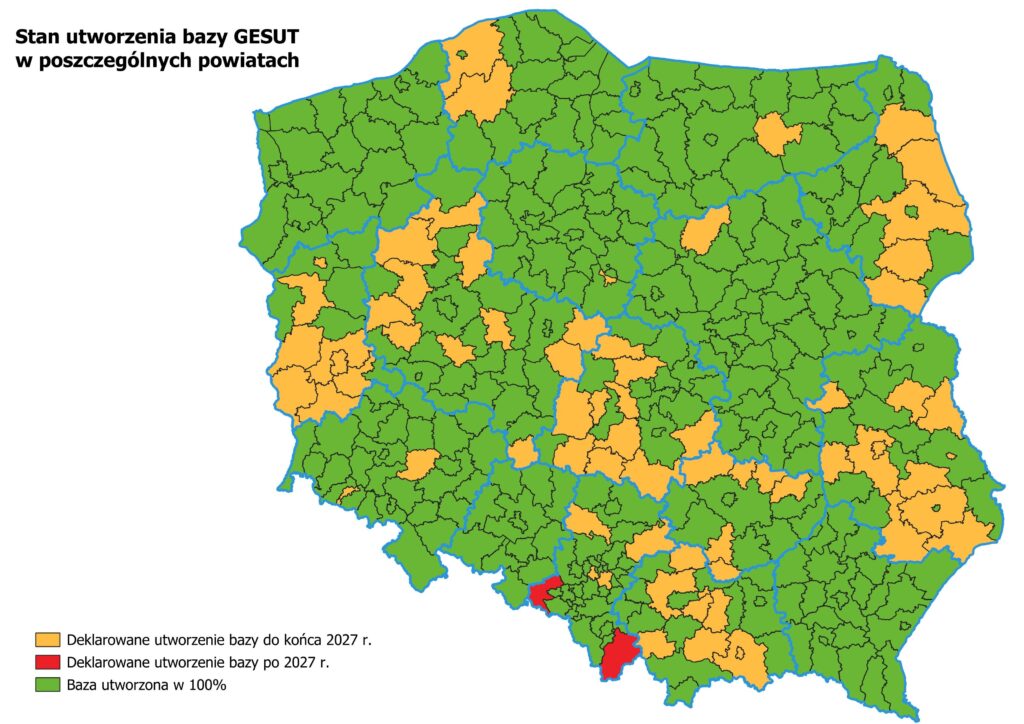 Ilustracja przedstawia mapę Polski obrazującą stan utworzenia baz danych GESUT w poszczególnych powiatach kraju. Na zielono zaznaczono powiaty w których baza danych GESUT jest utworzona w pełni, na żółto zaznaczono powiaty które deklarują utworzenie bazy danych do końca 2027 r., natomiast na czerwono zaznaczono powiaty, które deklarują utworzenie bazy danych po 2027 r.