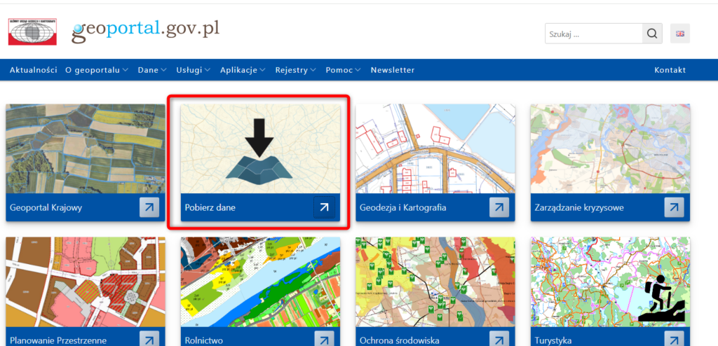 Rys.1 Zrzut z serwisu www.geoportal.gov.pl z oznaczonym modułem "Pobierz dane"