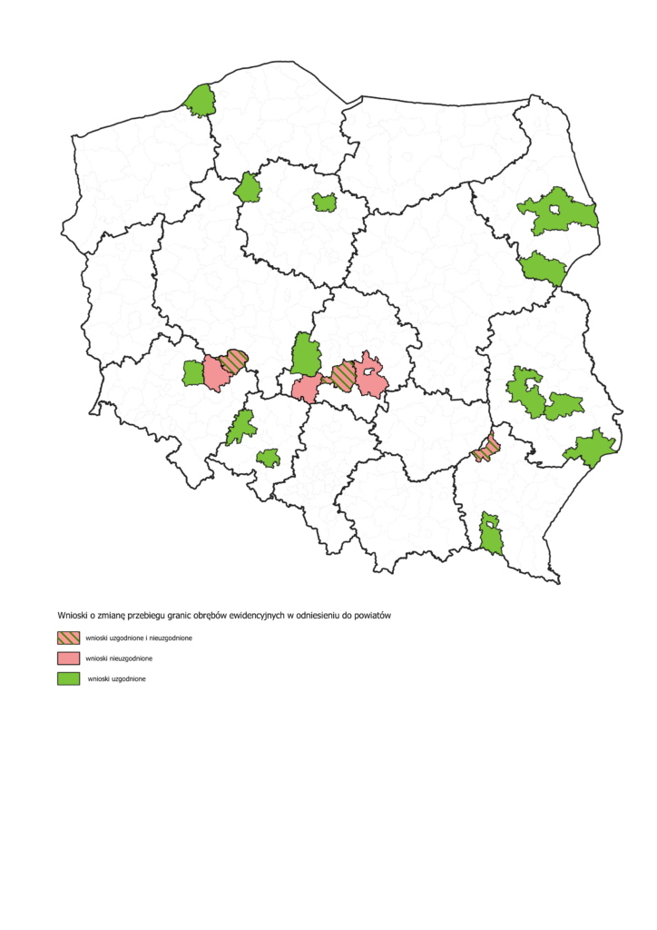 Rys.2 Ilustracja przedstawia mapę powiatów, dla których uzgodniono bądź nie uzgodniono zmiany granic obrębów ewidencyjnych.