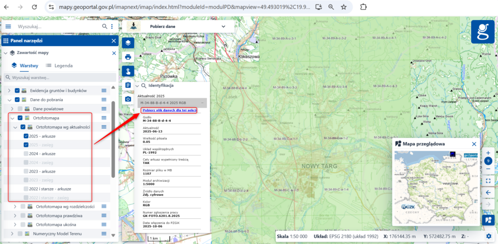 Ilustracja przedstawia zrzut ekranu w jaki sposób pobrać arkusze ortofotomapy z geoportal.gov.pl.