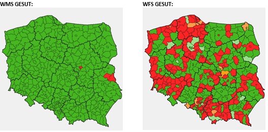 mapy prezentujące stan zgłoszonych usług WMS i WFS GESUT