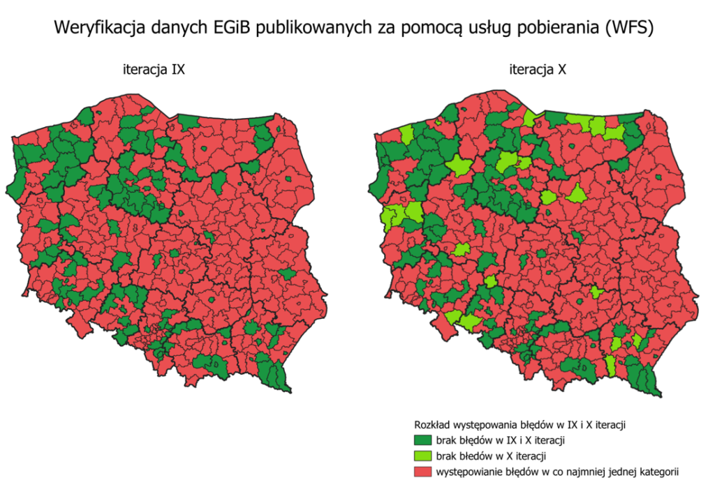 rys 1 - Mapa przedstawiająca rozkład błędów wykrytych w IX i X iteracji analizy danych ewidencji gruntów i budynków, publikowanych za pośrednictwem usług pobierania (WFS), z podziałem na powiaty.