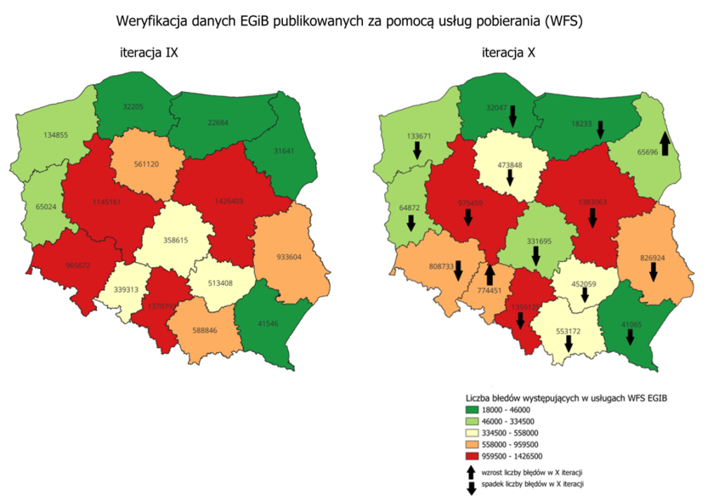 rys 2 - Mapa przedstawiająca rozkład błędów wykrytych w IX i X iteracji analizy danych ewidencji gruntów i budynków, publikowanych za pośrednictwem usług pobierania (WFS), z podziałem na województwa.