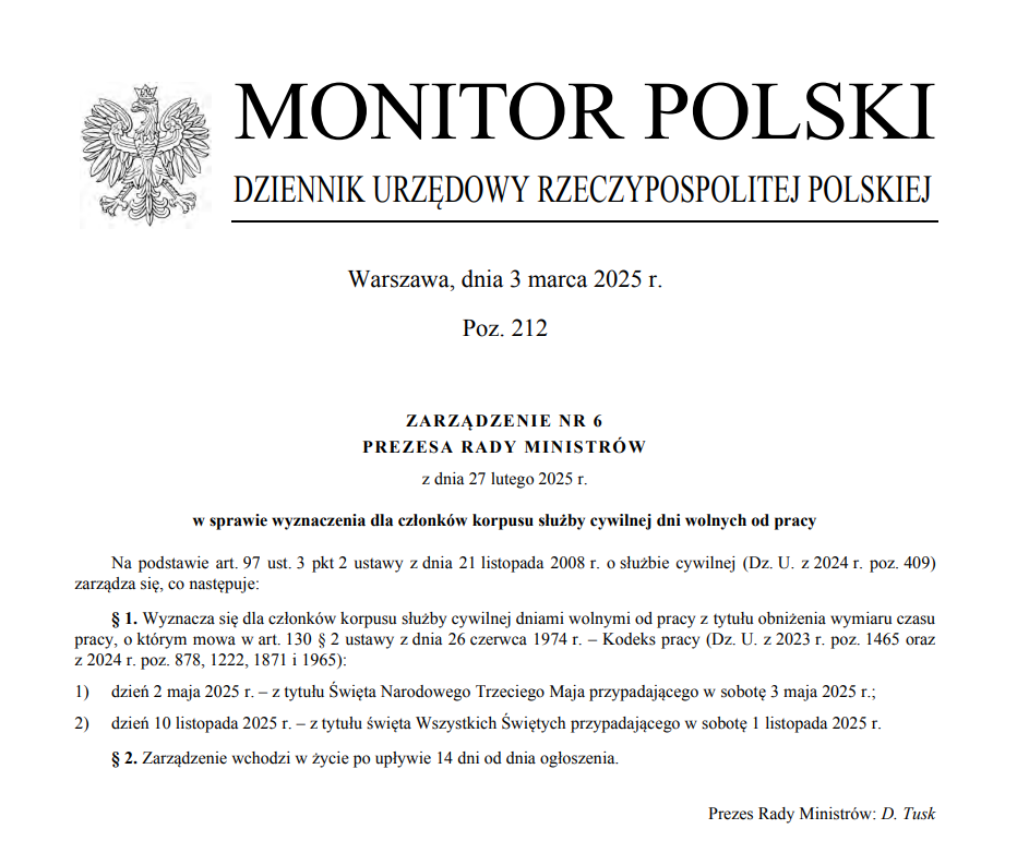 Zrzut ekranu z Monitora Polskiego ukazujący treść Zarządzenia nr 6 Prezesa Rady Ministrów z dnia 27 lutego 2025 r.