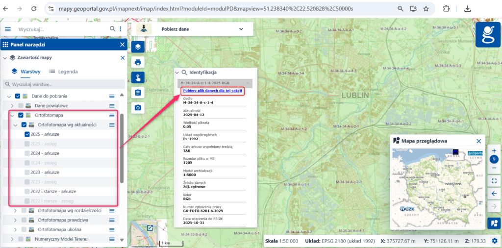 Ilustracja przedstawia zrzut ekranu w jaki sposób pobrać arkusze ortofotomapy z geoportal.gov.pl.