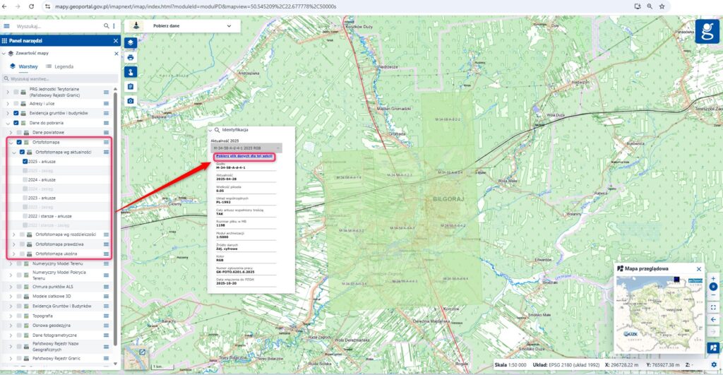 Ilustracja przedstawia zrzut ekranu w jaki sposób pobrać arkusze ortofotomapy z geoportal.gov.pl.