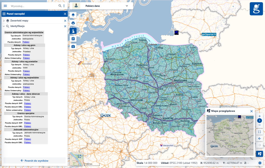 Rys. 1 - zrzut ekranu z Geoportalu przedstawiający pobieranie danych Państwowego Rejestru Granic (PRG).