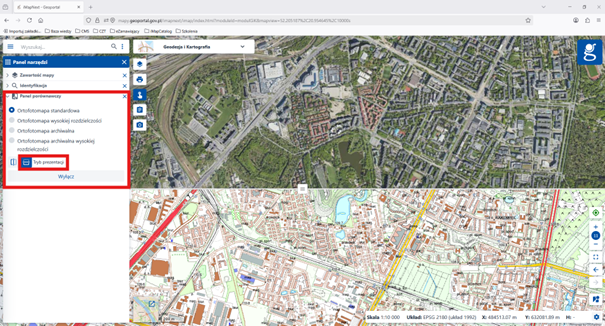zrzut ekranu z serwisu www.geoportal.gov.pl przedstawiający funkcjonalność Panel porównawczy – tryb horyzontalny