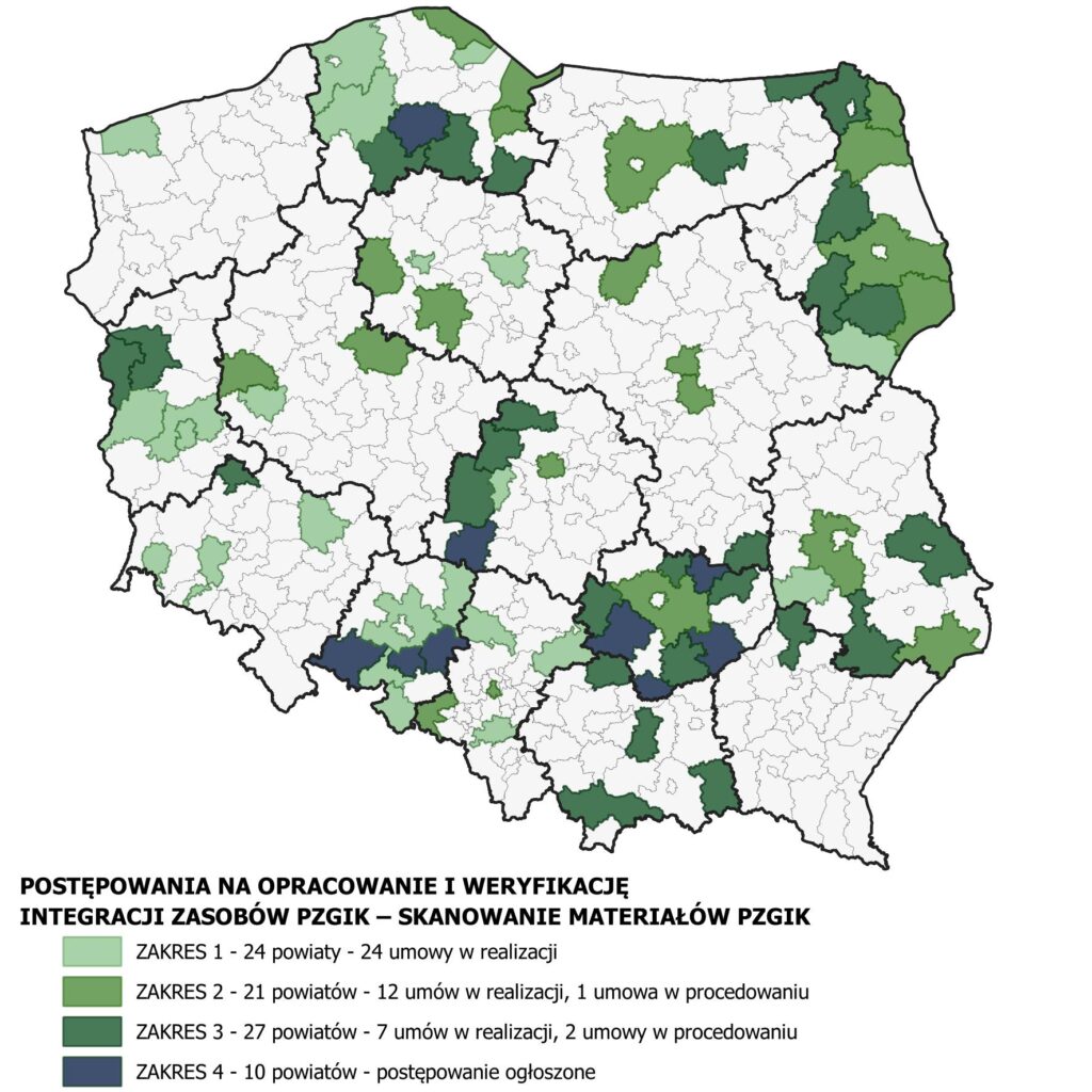 Rysunek przedstawia stan realizacji zamówień na opracowanie i weryfikację zasobów pzgik - skanowanie materiałów pzgik