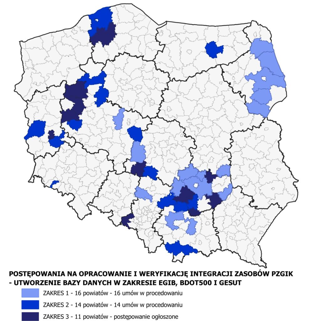 Rysunek przedstawia stan realizacji zamówień na opracowanie i weryfikację zasobów pzgik - utworzenie bazy danych zakresie EGIB, BDOT500 i GESUT