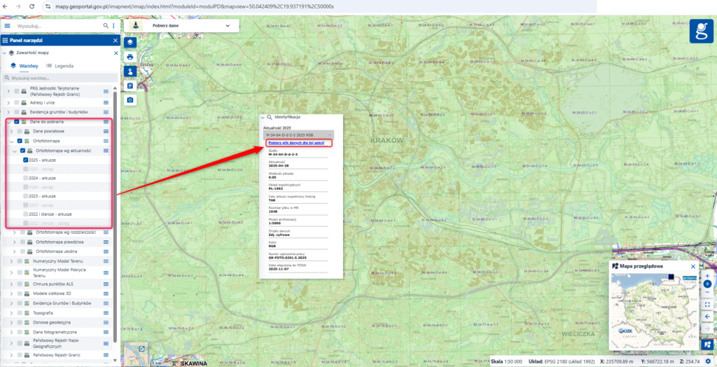 Ilustracja przedstawia zrzut ekranu w jaki sposób pobrać arkusze ortofotomapy z geoportal.gov.pl.
