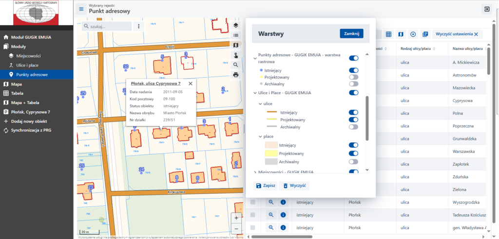 Okno identyfikacji obiektu na mapie oraz widok panelu warstw z podziałem warstw ze względu na status w Aplikacji EMUiA.