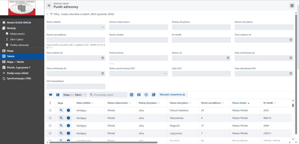 Widok zaawansowanych filtrów tabeli atrybutów w Aplikacji EMUiA