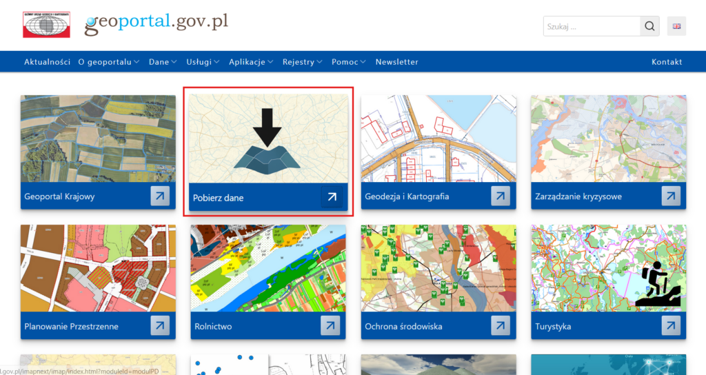 1. Ilustracja przedstawia stronę główną www.geoportal.gov.pl z zaznaczonym modułem "Pobierz dane", w którym jest dostępna nowa usługa