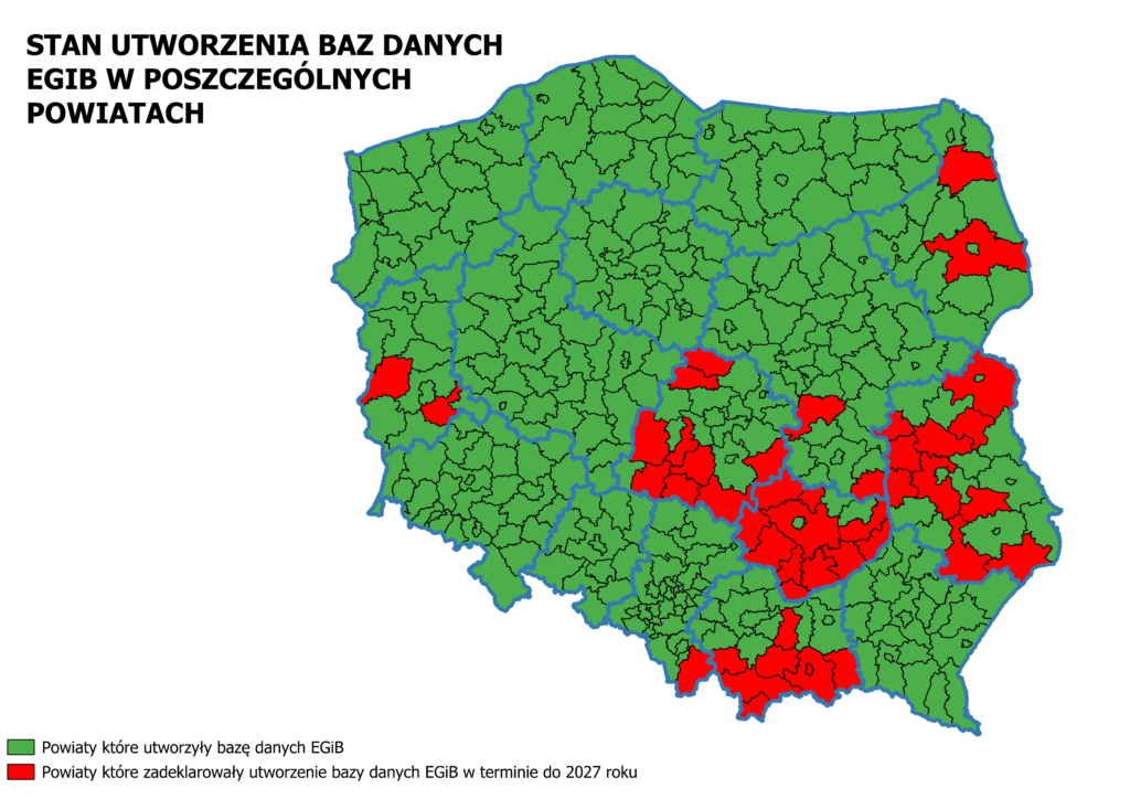 Ilustracja przedstawia mapę Polski obrazującą stan utworzenia baz danych EGIB w poszczególnych powiatach kraju. Na zielono zaznaczono powiaty które utworzyły bazę danych EGiB, natomiast na czerwono zaznaczono powiaty które zadeklarowały utworzenie bazy danych EGiB w terminie do 2027 roku