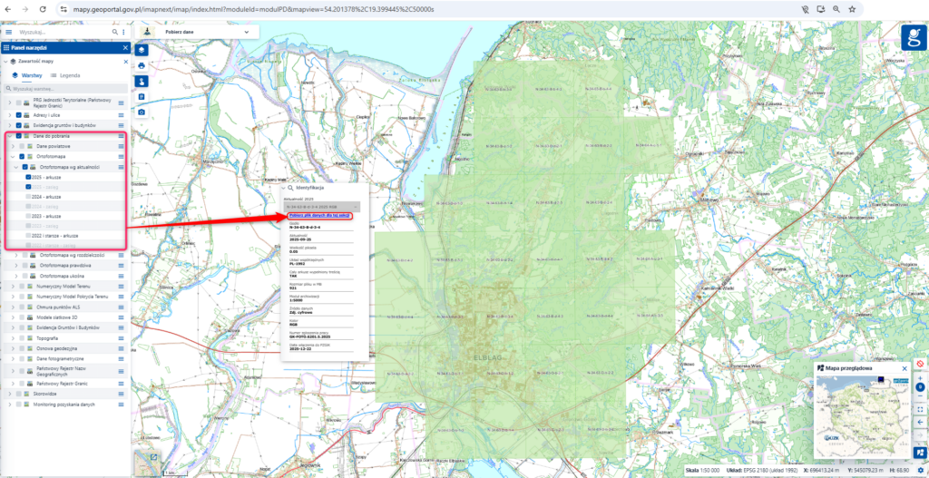 Rys.4 Ilustracja przedstawia zrzut ekranu w jaki sposób pobrać arkusze ortofotomapy z geoportal.gov.pl