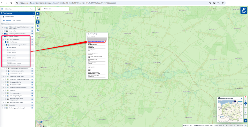 Rys.4 Ilustracja przedstawia zrzut ekranu w jaki sposób pobrać arkusze ortofotomapy z geoportal.gov.pl.
