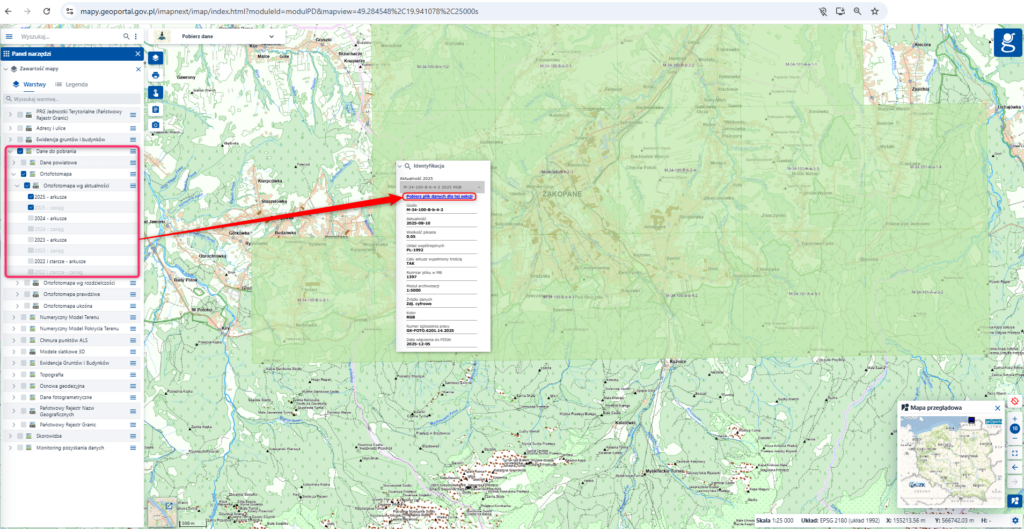 Rys.4 Ilustracja przedstawia zrzut ekranu w jaki sposób pobrać arkusze ortofotomapy z geoportal.gov.pl
