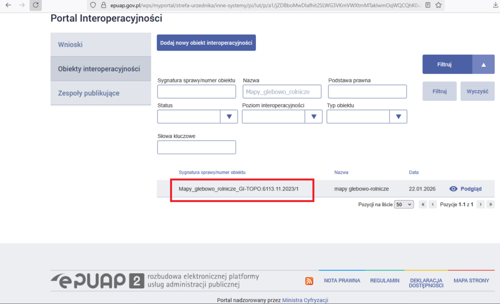 rys1 - zrzut ekranu prezentuje lokalizację obiektu Mapy_glebowo_rolnicze_GI-TOPO.6113.11.2023/1 w Portalu Interoperacyjności