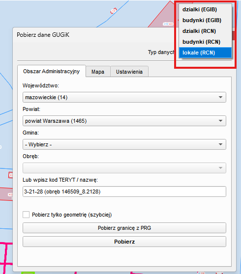 Ilustracja przedstawia zrzut ekranu okna głównego wtyczki Pobierz dane GUGiK wraz polem wybory Typu danych do pobrania