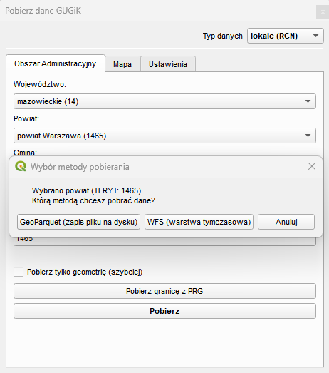 Ilustracja przedstawia zrzut ekranu okna wtyczki Pobierz dane GUGiK wraz z oknem wyboru metody pobierania danych