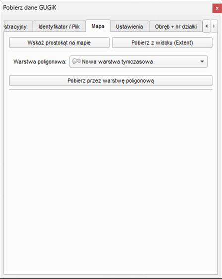 Ilustracja przedstawia zrzut ekranu zakładki "Mapa" okna wtyczki Pobierz dane GUGiK