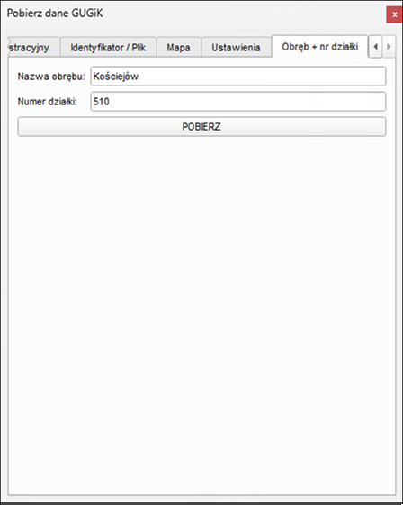 Ilustracja przedstawia zrzut ekranu zakładki "Obręb + nr działki" okna wtyczki Pobierz dane GUGiK