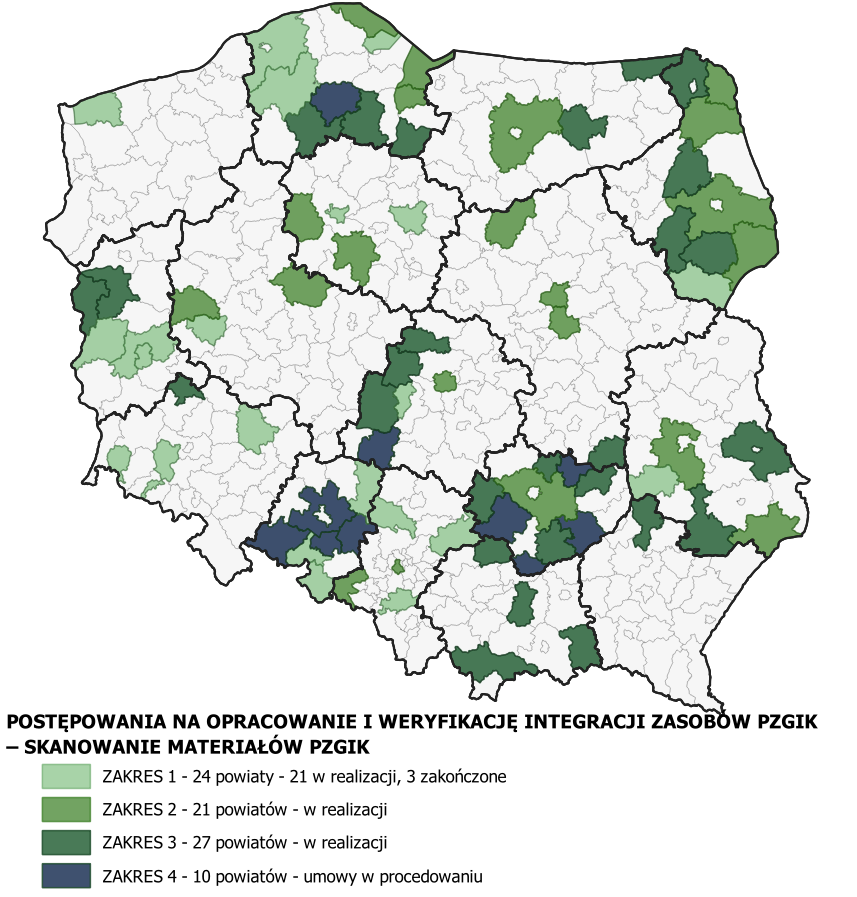 1. mapka ilustrująca powiaty, w których realizowana jest cyfryzacja dokumentów pzgik