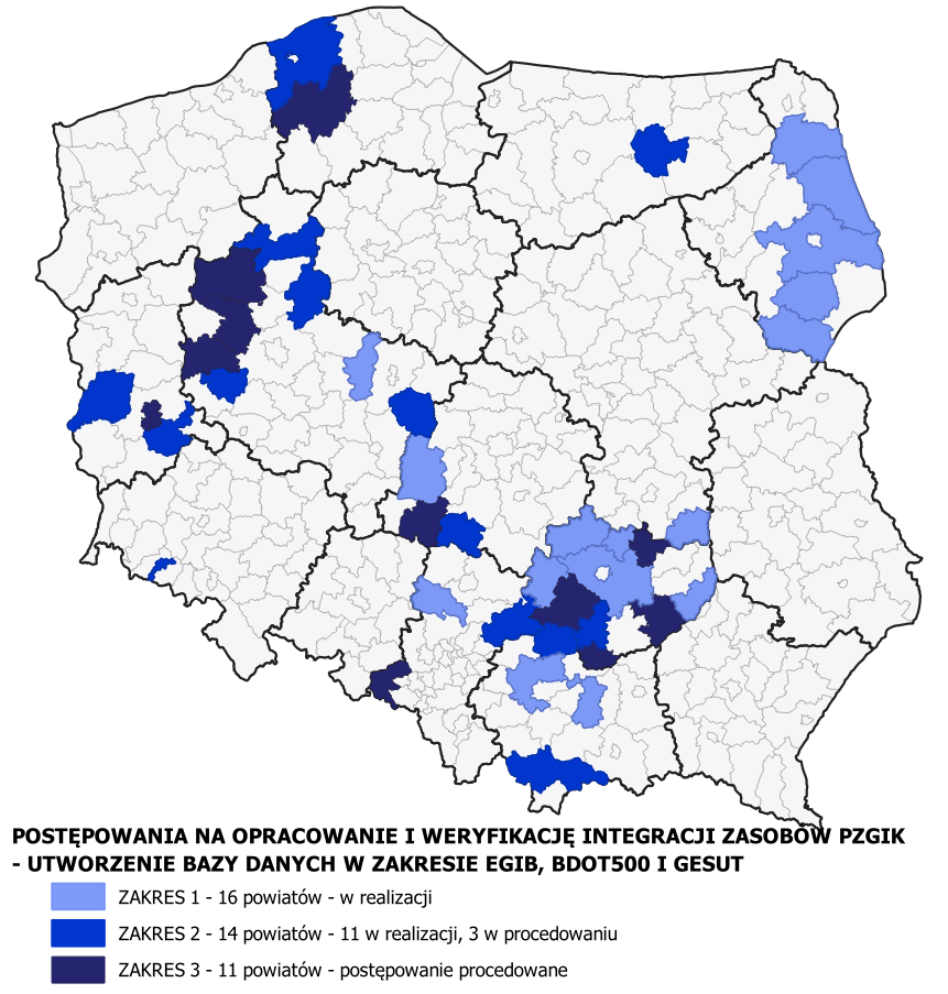 2. mapka ilustrująca powiaty, w których realizowane jest tworzenie baz EGiB, BDOT, GESUT