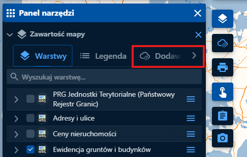 Ilustracja przedstawia lokalizację opcji "Dodaj mapę" w Geoportalu Krajowym oraz katalog zdefiniowanych usług WMS