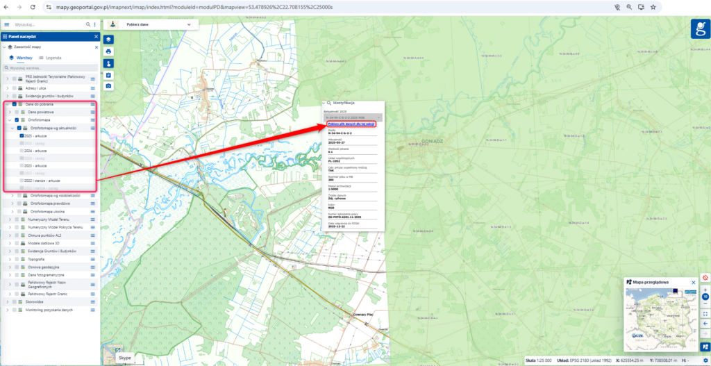 Ilustracja przedstawia zrzut ekranu w jaki sposób pobrać arkusze ortofotomapy z geoportal.gov.pl