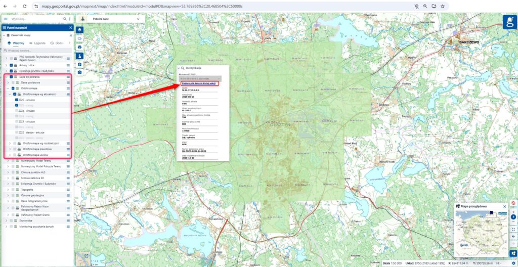 Ilustracja przedstawia zrzut ekranu w jaki sposób pobrać arkusze ortofotomapy z geoportal.gov.pl