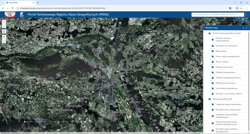 Widok nowej wersji Portalu PRNG z ortofotomapą jako mapą bazową oraz z włączonymi warstwami tematycznymi